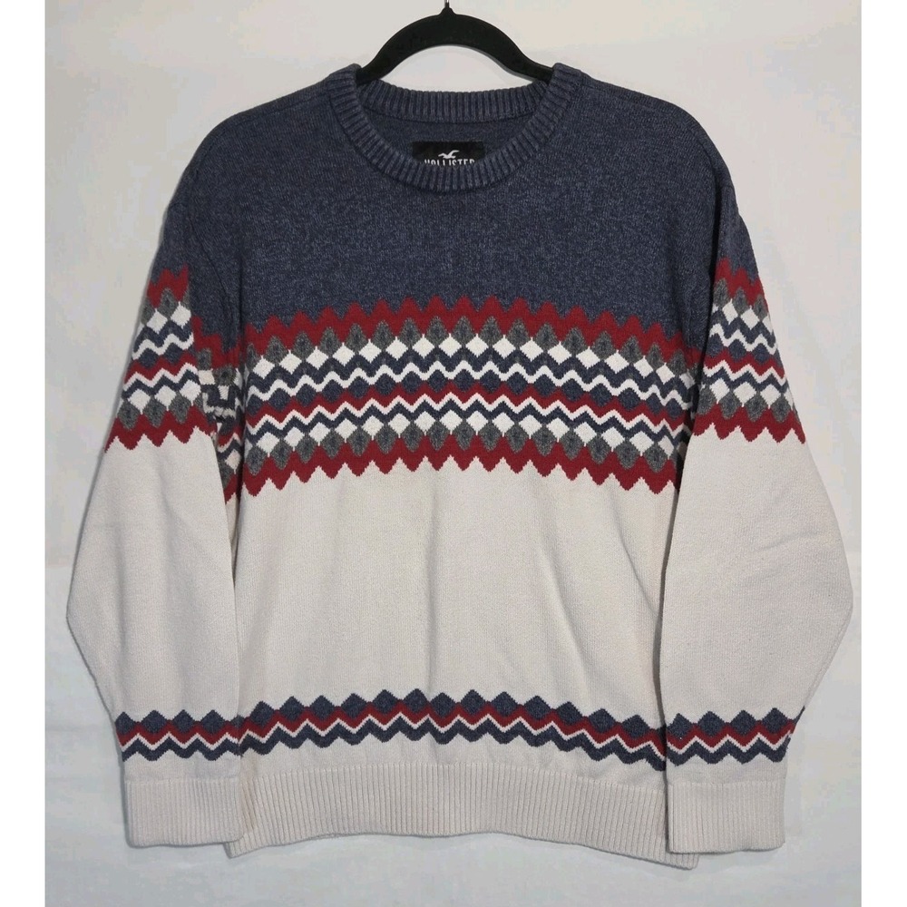 Hollister Sweater Men Small Blue Cream Red Fair Isle Geometric Knit Holiday